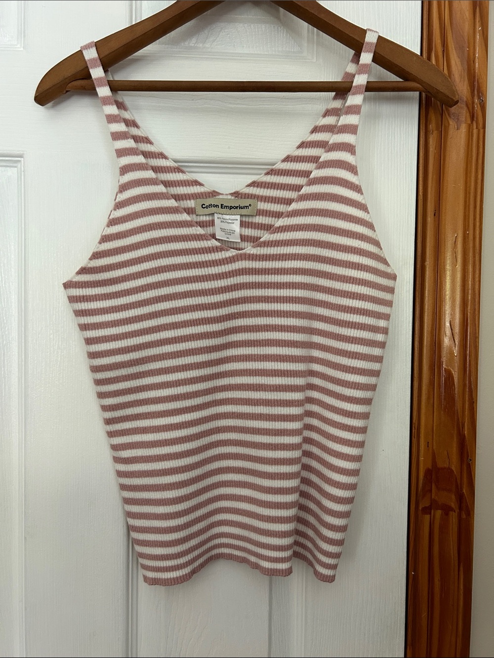 Cotton Emporium Dusty Rose and White Striped Ribbed V-Neck Tank